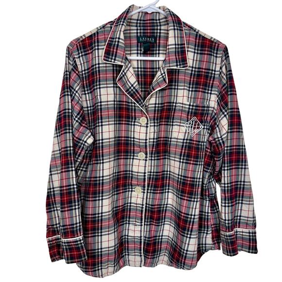 Lauren Ralph Lauren Plaid Pajama Top Long Sleeve Button Down Cotton Red Navy XL - Picture 1 of 6